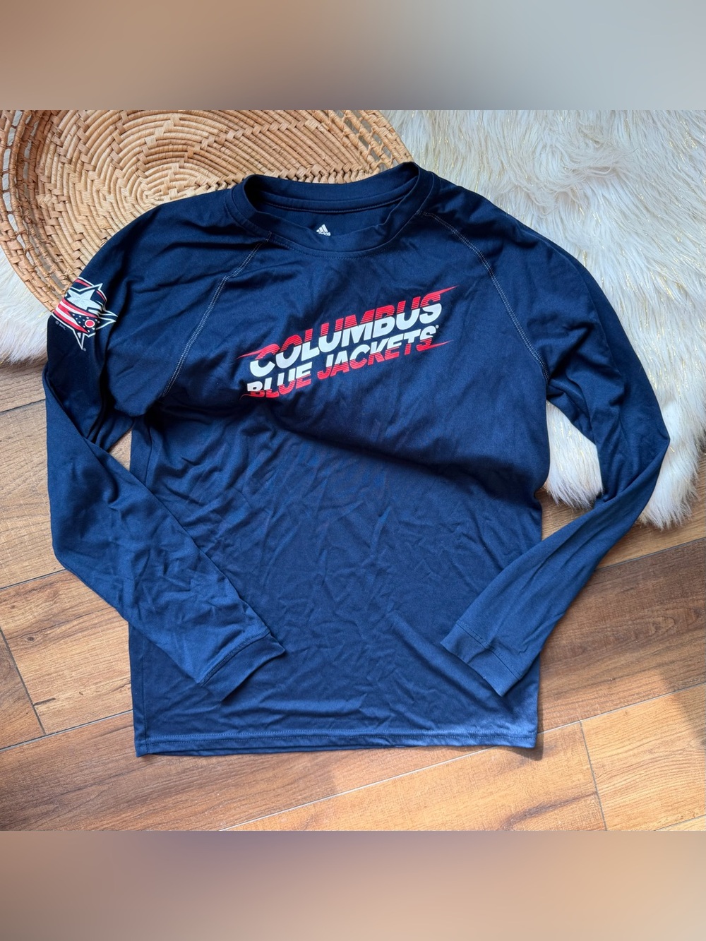 Adidas Columbus Blue Jackets Blue Long Sleeve Performance Shirt Youth Size XL
